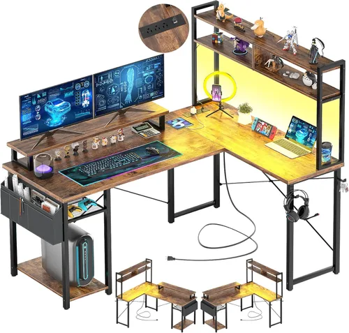 Miniatura 10 de Aheaplus Escritorio pequeño en forma de L para gaming con luces LED y tomas de corriente, escritorio reversible en forma de L para computadora