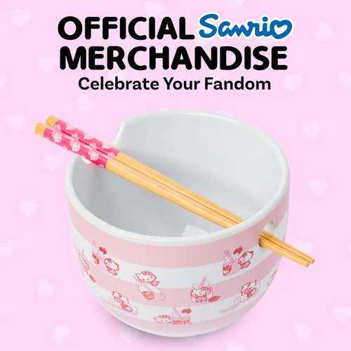 Miniatura 5 de Silver Buffalo Sanrio Hello Kitty Tazón de Cerámica para Fideos Ramen y Arroz con Patrón de Leche de Fresa, con Palillos, Apto para Microondas, 20
