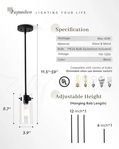 Miniatura 5 de EAPUDUN Lámparas colgantes industriales, iluminación colgante con pantalla de vidrio transparente, lámpara colgante vintage para isla de cocina