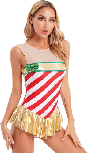 Miniatura 3 de Miutii Leotardo de gimnasia de bastón de caramelo para mujer, vestido de baile de Navidad, disfraz a rayas