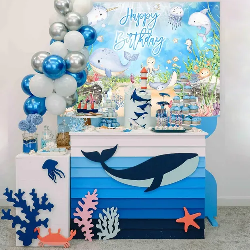 Miniatura 4 de Mocsicka Pancarta de cumpleaños con texto en inglés "Under The Sea", decoración de acuarela pulpo, ballena, tiburón, animal marino, fondo