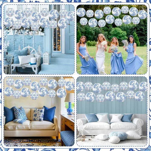 Miniatura 2 de 15 linternas de papel chinas, decoración de chinoiserie, farol de porcelana azul y blanco para colgar para mediados de otoño, festival, fiesta