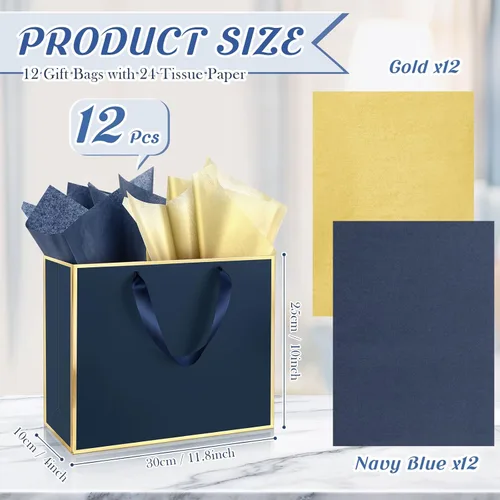 Miniatura 2 de ReliThick Paquete de 12 bolsas de regalo de papel metálico con asas y papel de seda de 11.8 x 10 x 4 pulgadas, bolsa de agradecimiento para Azul