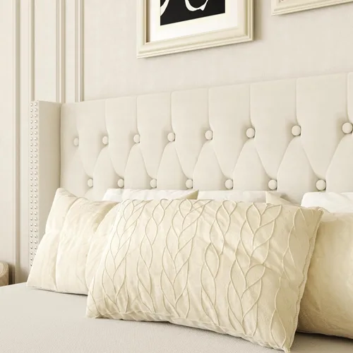 Miniatura 7 de HAOARA Base de cama de tamaño matrimonial, plataforma tapizada con cabecera con respaldo de ala, botón de terciopelo, fácil montaje, no necesita
