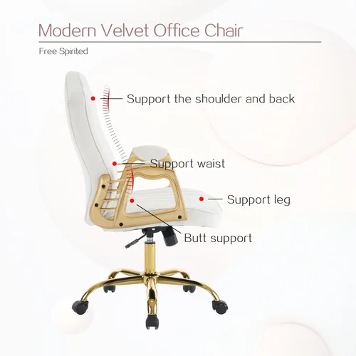 Miniatura 5 de Silla de oficina en casa de terciopelo con brazos y patas dorados, cómoda silla de escritorio giratoria tapizada y capitonada, cómoda con ruedas