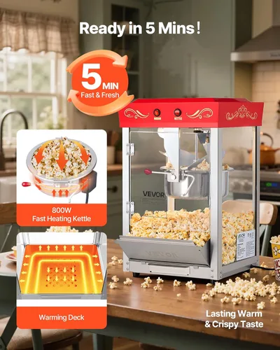 Miniatura 4 de Máquina de palomitas VEVOR, hervidor de acero inoxidable de 8 oz, máquina de hacer palomitas comercial de 800W para mostrador, estilo teatro con Rojo