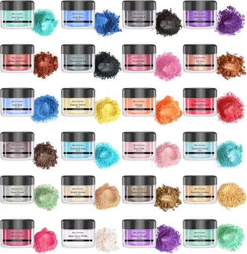 SEISSO Polvo de mica – 24 colores, botellas de 0.35 oz (10 g) – Brillo de mica y pigmento para resina epoxi, brillo de labios, jabón, vela, bomba de