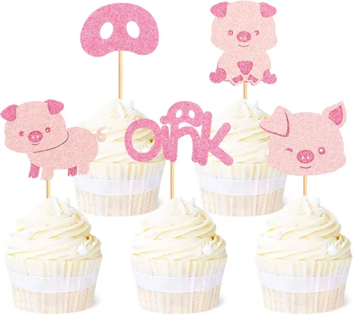 Ercadio Paquete de 25 adornos para cupcakes de cerdo con purpurina rosa, buey para cupcakes, adornos para tartas de cerdo, adornos para cupcakes de