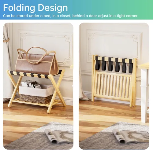 Miniatura 6 de SMIBUY Portaequipajes, soporte plegable de bambú para maleta con estante de almacenamiento para habitación de invitados, dormitorio, hotel, Natural
