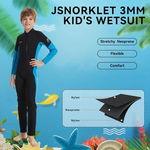 Miniatura 3 de Traje de neopreno de cuerpo completo de 0.118 pulgadas para niños y niñas, ideal para agua fría, cremallera frontal para buceo, esnórquel, surf, Azul