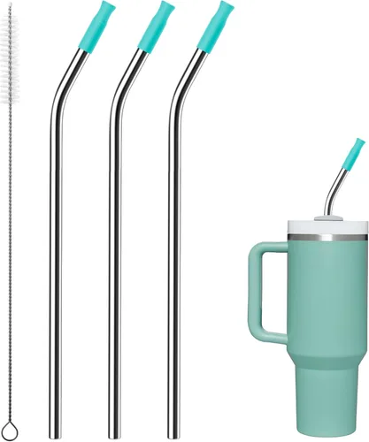 Miniatura 56 de Pajitas de metal rectas para vaso Stanley de 40 onzas, paquete de 3 popotes reutilizables de acero inoxidable con puntas de silicona y cepillo Gris