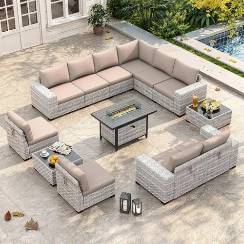 Miniatura 52 de Juego de muebles de mimbre para patio al aire libre de 3 piezas, sillas de patio giratorias mecedoras con respaldo alto con cojines gruesos de 4