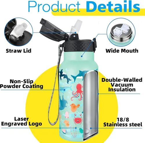 Miniatura 5 de Han's Bottle Botella de agua para niños con tapa con pajilla - Vaso reutilizable de acero inoxidable aislado para niñas, niños, taza térmica, 17 Pez