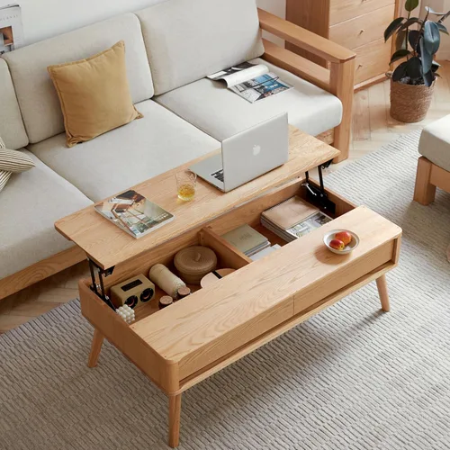 Miniatura 10 de Mesa auxiliar elevable con almacenamiento, mesa de centro elevadora de madera de roble 100% maciza, mesa de centro de madera de 39 pulgadas