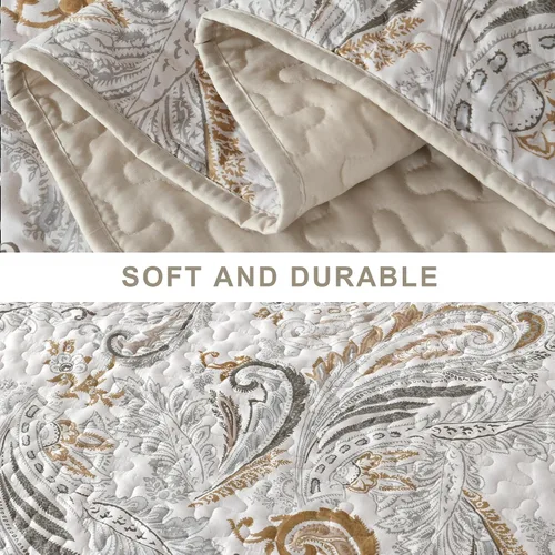 Miniatura 6 de WONGS BEDDING Juego de edredón bohemio tamaño Queen, juego de colcha y cubrecama con estampado floral paisley beige con 2 fundas de almohada, juego