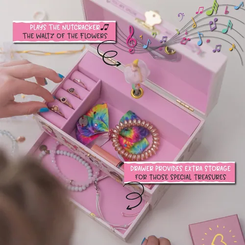 Miniatura 3 de Joyero musical de bailarina para niñas, joyero que brilla en la oscuridad, joyero organizador con collar de corazón y juego de pulsera, bonita caja