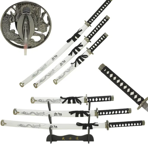 Miniatura 16 de Snake Eye Tactical Juego de katana samurái de 3 piezas con diseño de dragón de dos tonos