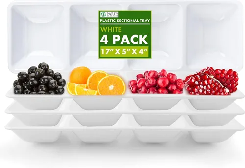 Miniatura 9 de Party Bargains Bandeja rectangular seccional desechable transparente (paquete de 8) de 5 x 16 pulgadas. Bandeja de plástico con 4 compartimentos