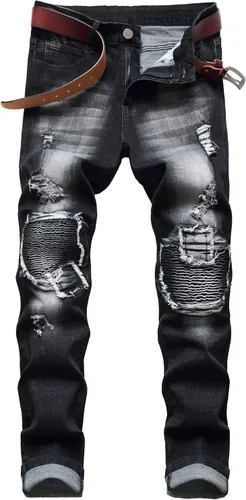 DANT BULUN Jeans de motociclista para hombre, rasgados, ajustados, rectos y con cremallera Deco