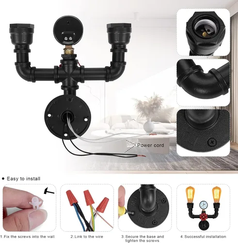 Miniatura 7 de XEYOU Lámpara de pared retro vintage industrial steampunk aplique de pared 2 luces de tubo de agua de metal montado en la pared lámpara E26 Edison