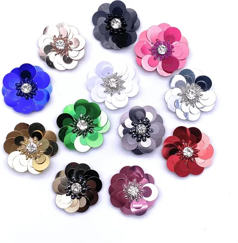 Paquete de 12 apliques de lentejuelas multicolor de 1 1/4 pulgadas, cuentas de cristal, mezcla de flores para coser en tela, accesorio de ropa,