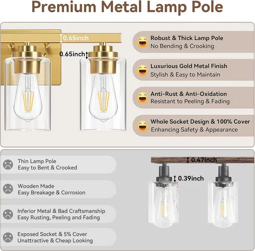 Miniatura 5 de Lámparas de baño de 3 luces, 19 pulgadas, modernas luces de tocador sobre espejo con pantallas de vidrio transparente, accesorio de luz dorada