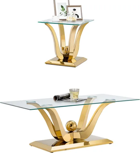 Miniatura 26 de SSLine Mesa auxiliar de cristal de lujo para sala de estar, mesa auxiliar moderna dorada con base de pedestal de acero inoxidable en forma de flor