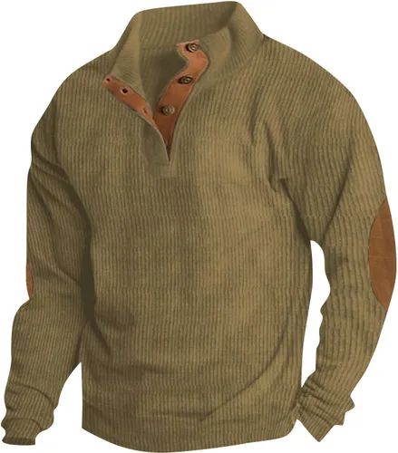 Ropa de pana vintage para hombre, color sólido, cuello alto, botones, manga larga, patchwork, sudaderas, tops
