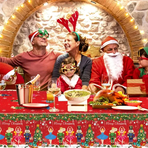Miniatura 7 de Ziliny 172 piezas de suministros de fiesta de cascanueces – Cartel de Feliz Navidad, mantel, vajilla desechable, servilletas para fiestas temáticas
