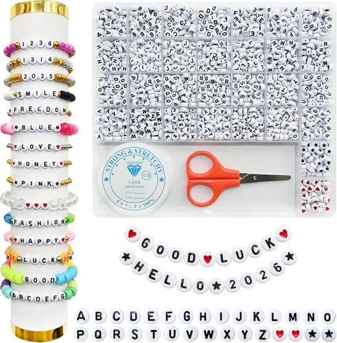 Miniatura 21 de Amaney – 1600 piezas, cuentas acrílicas del alfabeto, 31 estilos, corazón, número, estrella y sonriente, cuentas de 4 x 7 mm para hacer joyería
