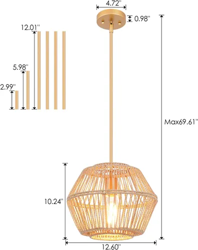 Miniatura 6 de VILUXY Lámpara colgante de ratán tejido, hecha a mano, jaula de mimbre bohemia, lámpara de techo colgante de cuerda de abaca natural, acabado dorado