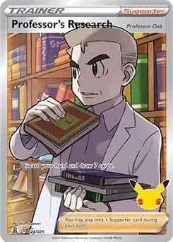 Pokémon Tarjeta de investigación del profesor de celebraciones, 25 aniversario, arte completo ultra raro + tarjeta sorpresa