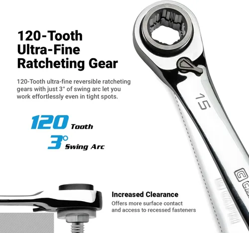 Miniatura 3 de Capri Tools Llave de trinquete reversible 4 en 1 con extremo de caja de 120 dientes, 5/16, 3/8, 7/16, 1/2 pulgadas, SAE