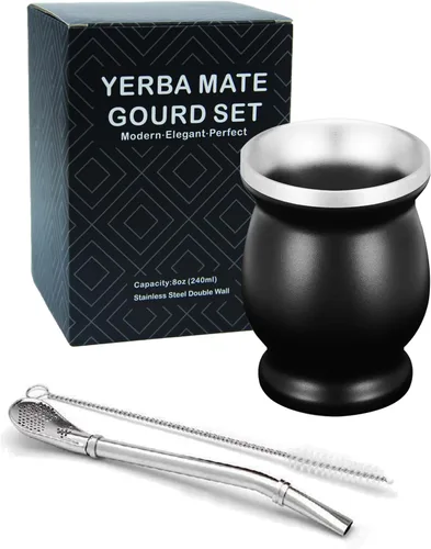 LA FEE Yerba Mate Juego de Calabaza Natural/Taza de Té Marrón (Taza de Mate Tradicional Original - 8 Onzas), Incluye Bombilla de Yerba Mate y
