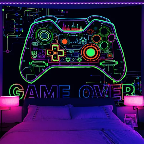 Miniatura 6 de Bzhilja Tapiz Temático de Juego con Luz Negra, Tapiz de Pared UV Reactivo para Arte de Pared de Juegos para Chicos, Hombres, Niños, Tapiz de Arte