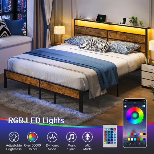 Miniatura 3 de Liians Base de cama tamaño King con cabecera de estación de carga USB tipo C, luces LED inteligentes, plataforma de metal sin ruido, no necesita