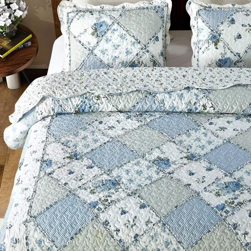 Miniatura 4 de VIVILINEN Juego de edredón de retazos florales azules, tamaño matrimonial, juego de ropa de cama de 3 piezas con 2 fundas de almohada