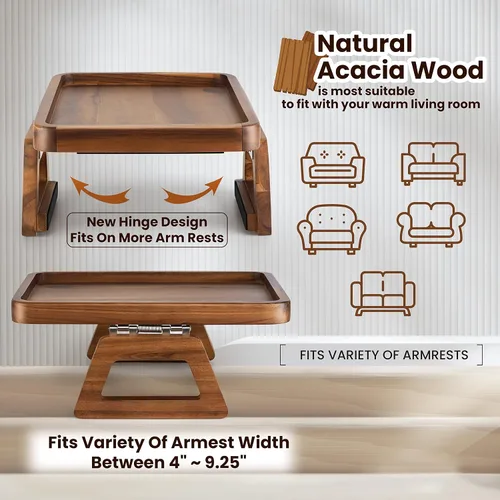 Miniatura 3 de Tinamo Mesa de brazo de acacia de 13.75 x 9.5 pulgadas, bandeja de brazo de sofá de madera, mesa de reposabrazos para sofá, bandeja de reposabrazos