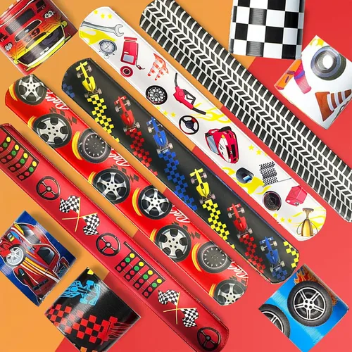 Miniatura 3 de CZWXOXO 24 Piezas Decoraciones de Fiesta de Coches de Carreras Favores Pulsera de Carreras Pulseras de Carreras Pulseras de Palmada a Cuadros