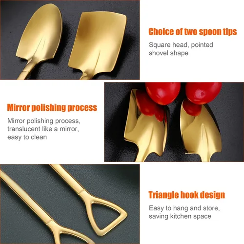 Miniatura 3 de Cucharas con forma de pala dorada, cucharas de acero inoxidable para té, café, azúcar, mini pala, forma de café, helado, cucharas de postre
