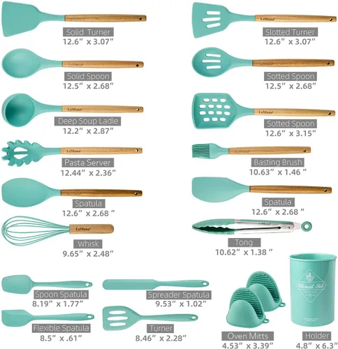 Miniatura 2 de Juego de utensilios de cocina, 18 utensilios de silicona de cocina, resistentes al calor, no tóxicos y sin BPA, con soporte y mango de madera