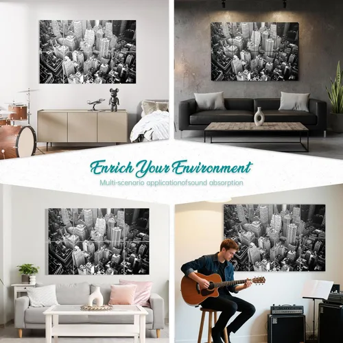 Miniatura 6 de Mollywell Paneles Acústicos de Arte 48x32x0.4 Pulgadas, Horizonte de la Ciudad Arte de Pared que Absorbe Sonido Decoración de Pared Autoadhesiva a