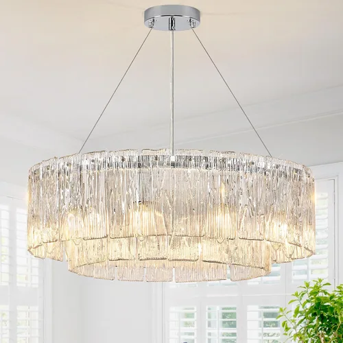 Miniatura 22 de CATINER Candelabro de cristal de 20 pulgadas, moderno, 6 luces, lámparas de tambor dorado, iluminación colgante de techo de lujo para entrada