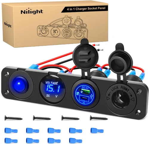 Miniatura 11 de Nilight - Panel de enchufe de salida 4 en 1, 12V CC, 4.8A, voltímetro LED, interruptor basculante de encendido y apagado con luz, encendedor de 4