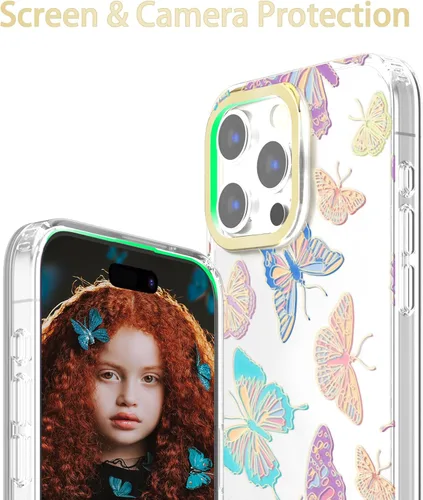 Miniatura 2 de Funda transparente con chispas brillantes para iPhone 15 Pro Max para mujeres y niñas, patrón de mariposas doradas, rosa y azul, funda protectora