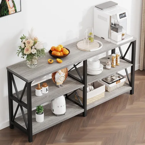 Miniatura 4 de LVB Mesa de Entrada Industrial, Mesa Consola Rústica de Granja Detrás del Sofá, Mesa Larga de Sofá de Madera y Metal con Estante de Almacenamiento