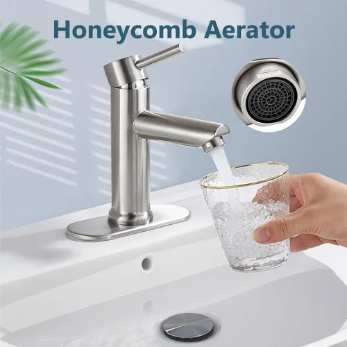 Miniatura 3 de Aolemi Grifo de baño de un solo agujero, grifo de lavabo de baño de una sola manija con líneas de suministro, con drenaje desplegable y placa