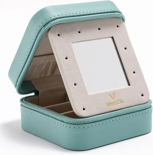 Vee - Estuche pequeño para joyas de viaje mini organizador de joyas con espejo portátil caja de joyería para aretes anillos collares pulseras el