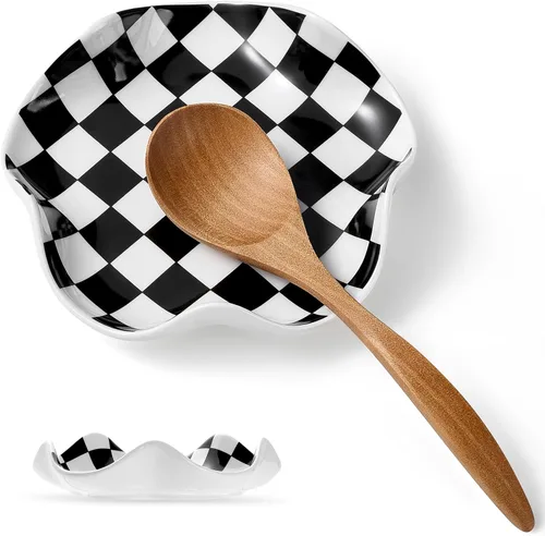 Qipecedm Soporte de cuchara de cerámica, patrón blanco y negro de 5.3 pulgadas, resistente al calor, soporte para cuchara de cocina para encimera de