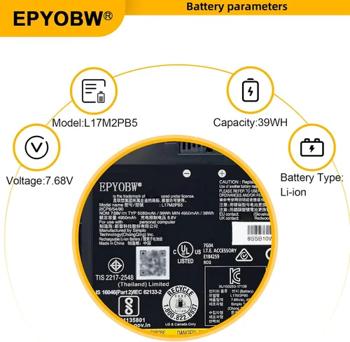Miniatura 3 de L17M2PB5 - Batería para portátil de 39 Wh, 5080 mAh, 2 celdas, 7.68 V, compatible con Lenovo V330-14ISK 81AY / V330-14IKB 81B0 / V330-14ARR 81B1